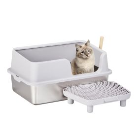 Stainless Steel Cat Litter Box With Lid, Extra Large Litter Pan With High Sides For Big Cats, Kitty Litter Box With Pedal Filter And Scoop, No Odor, N