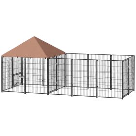 Large Outdoor Dog Kennel With Rotating & Adjustable Height Bowls, Waterproof & UV-Resistant Canopy, 11.3 X 4.7 X 5.1