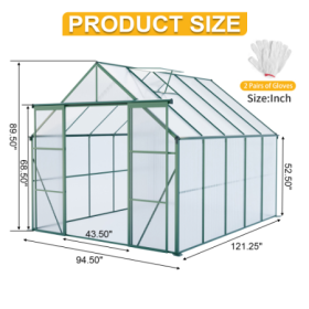 Double Door Polycarbonate Greenhouse Raised Base And Anchor Aluminum Heavy Duty Walk-in Greenhouses For Outdoor Backyard In All Season (Option: Green-8x10FT)
