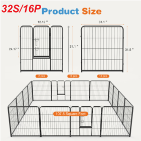 Dog Playpen Indoor Fence Height Metal Exercise Pen With Door Small Puppy-Medium-Large Dogs Animal Pet For Outdoor, Garden, Yard (Option: 32S 16P)