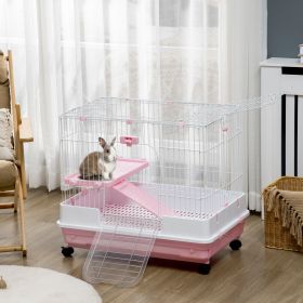 2-Level Small Animal Cage Rabbit Hutch with Wheels (Option: Pink-864x602x275 mm)
