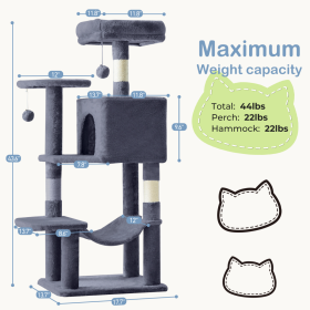 44 Inch Cat Tree Tower, Multi-Cat Climbing Tower With, Natural Sisal Scratching Posts, Extended Platform, Hammock (Option: Deep Grey)
