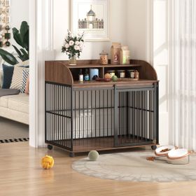 GO 44'' Heavy Duty Large Dog Crate Furniture for Large Medium Dog with Lockable Wheels, Wooden Dog Crate Dog Kennel (Color: as Pic)